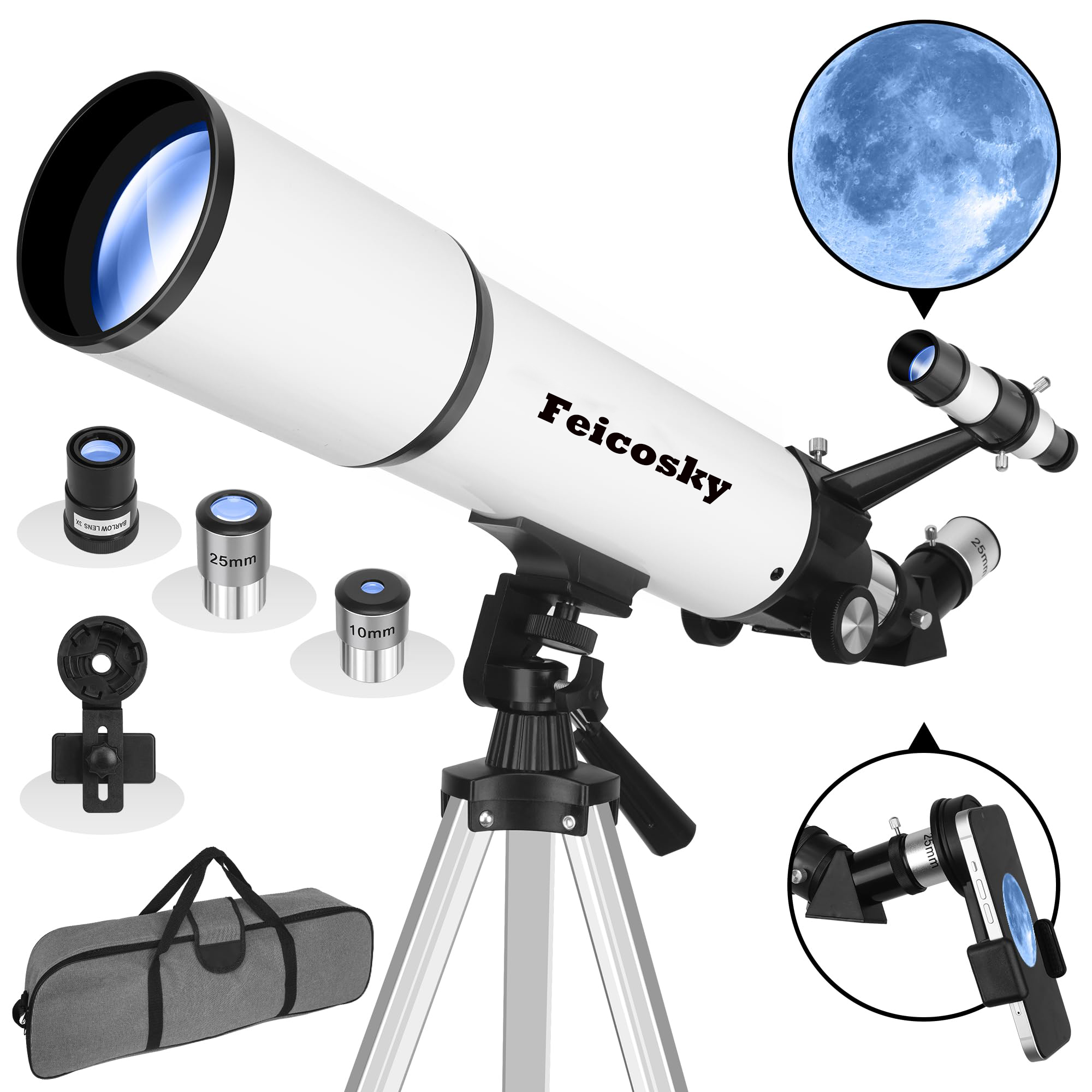 Feicosky Telescope for Adults Astronomy, 80mm Aperture 600mm Refractor Telescope for Kids & Beginners, Fully Multi-Coated Optics High Transmission Telescopes with Tripod & Phone Adapter & Carrying Bag