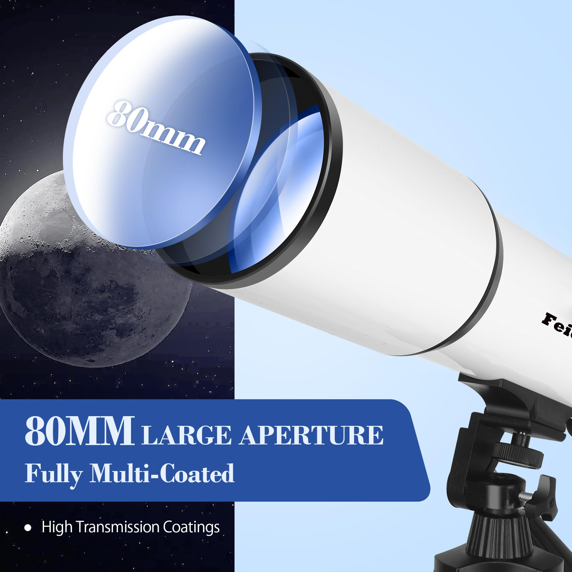 Feicosky Telescope for Adults Astronomy, 80mm Aperture 600mm Refractor Telescope for Kids & Beginners, Fully Multi-Coated Optics High Transmission Telescopes with Tripod & Phone Adapter & Carrying Bag