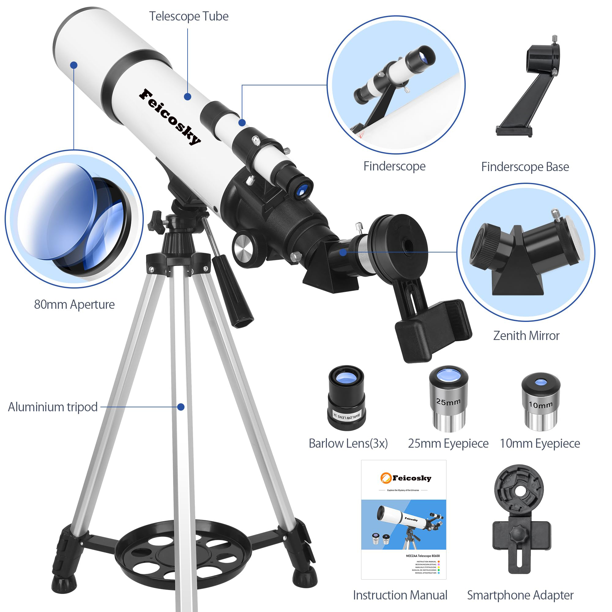 Feicosky Telescope for Adults Astronomy, 80mm Aperture 600mm Refractor Telescope for Kids & Beginners, Fully Multi-Coated Optics High Transmission Telescopes with Tripod & Phone Adapter & Carrying Bag