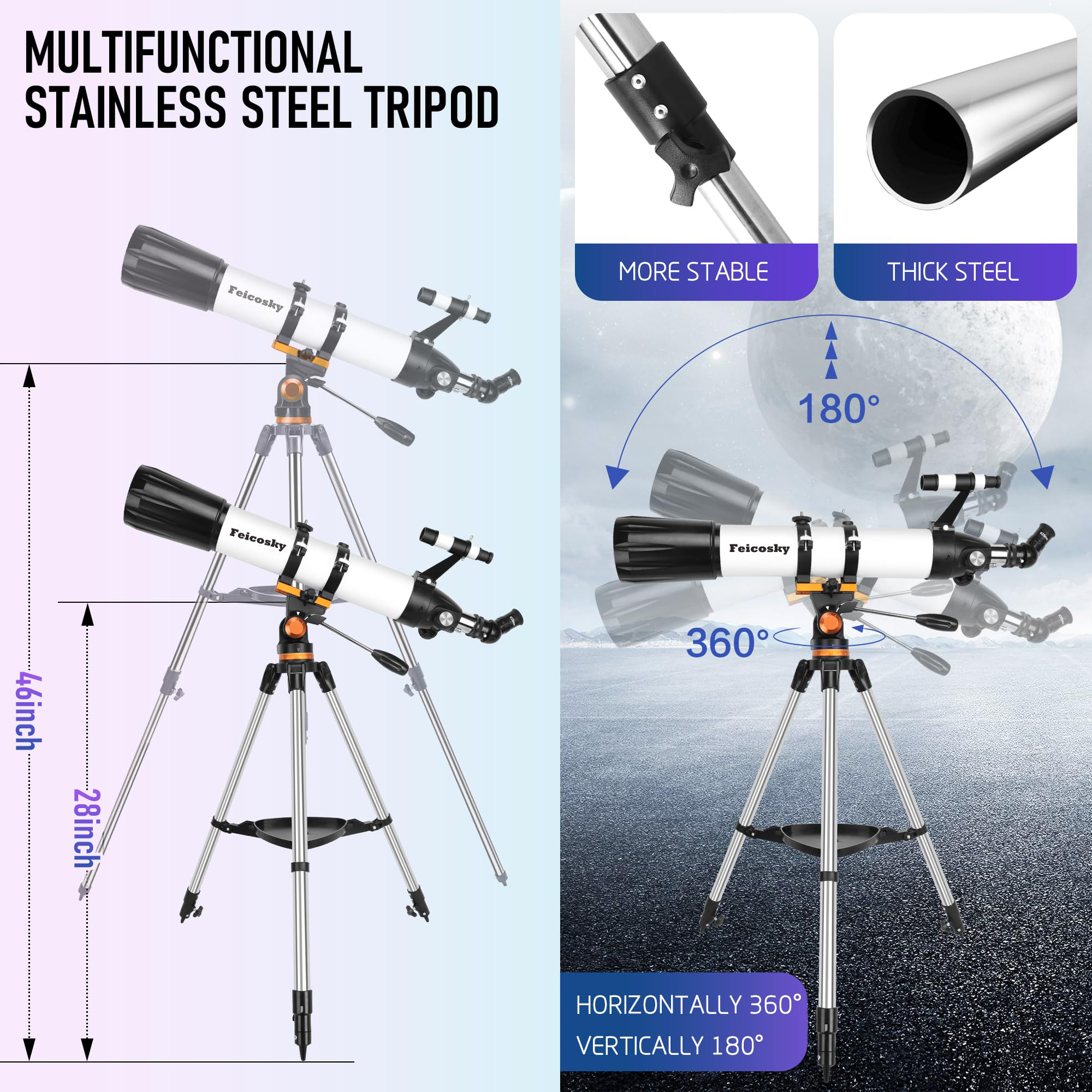 Feicosky Telescope for Adults Astronomy Professional, 90mm Aperture 800mm Refractor Telescope for Kids Beginners, Multi-Coated High Transmission Telescopes with Tripod Phone Adapter Carry Bag