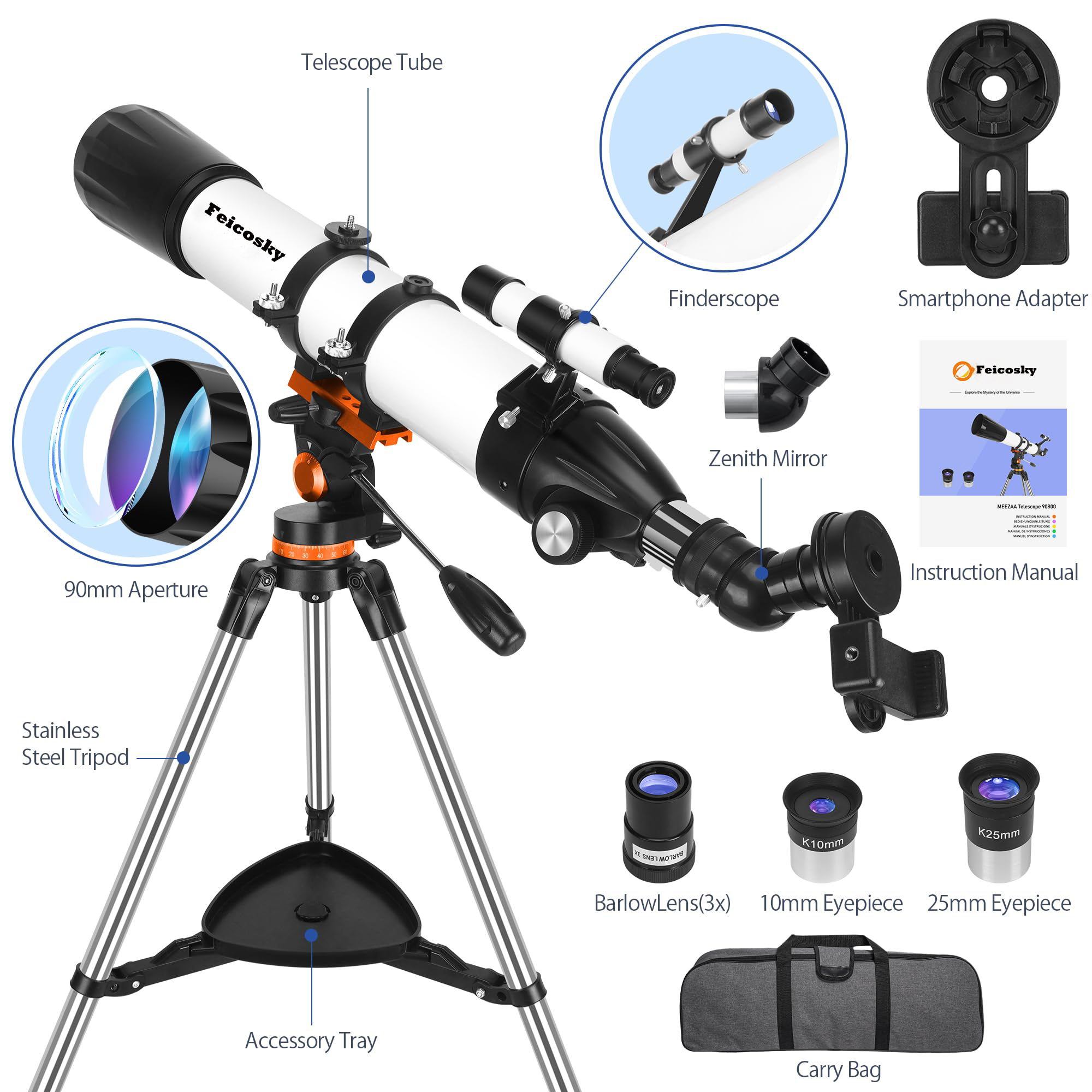 Feicosky Telescope for Adults Astronomy Professional, 90mm Aperture 800mm Refractor Telescope for Kids Beginners, Multi-Coated High Transmission Telescopes with Tripod Phone Adapter Carry Bag