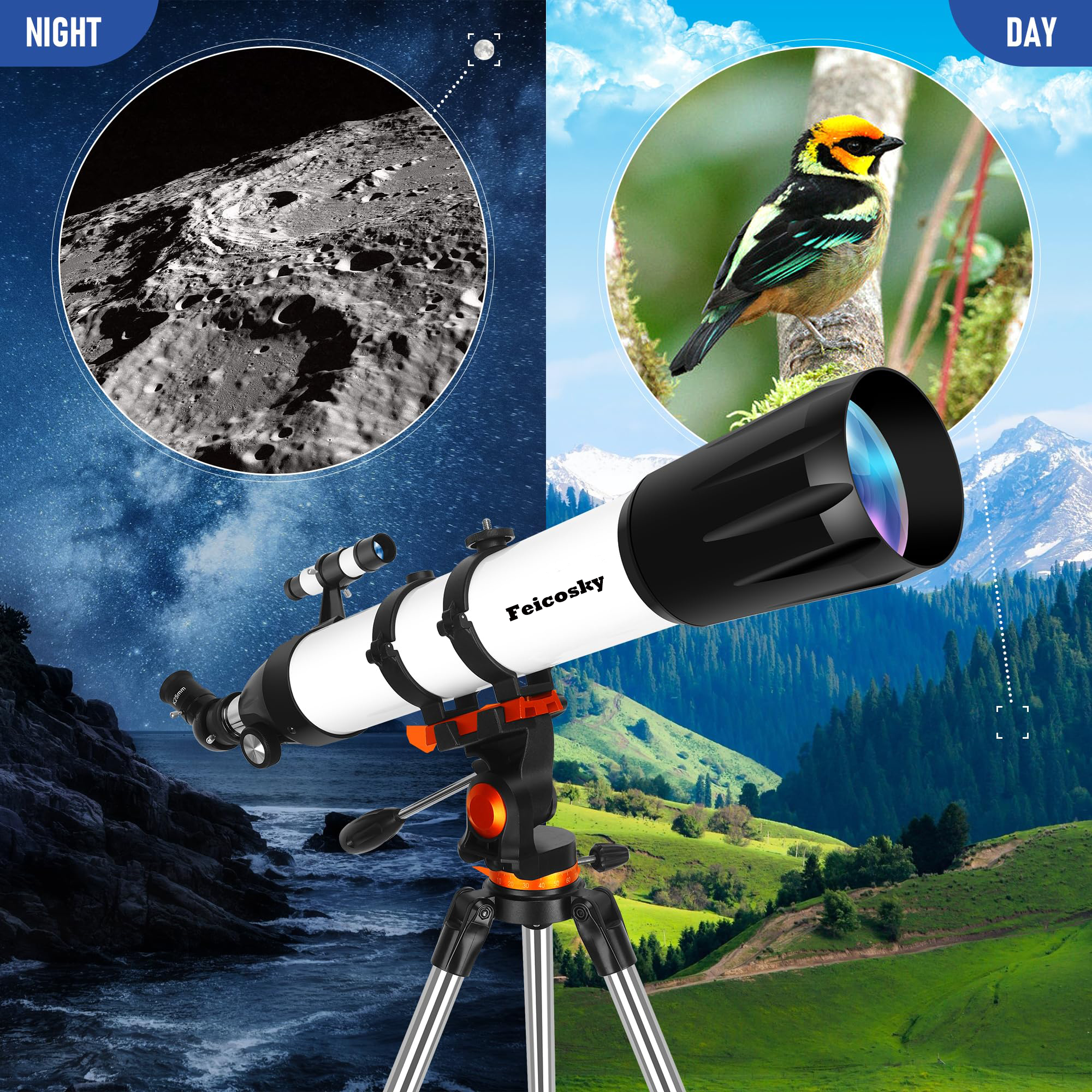 Feicosky Telescope for Adults Astronomy Professional, 90mm Aperture 800mm Refractor Telescope for Kids Beginners, Multi-Coated High Transmission Telescopes with Tripod Phone Adapter Carry Bag