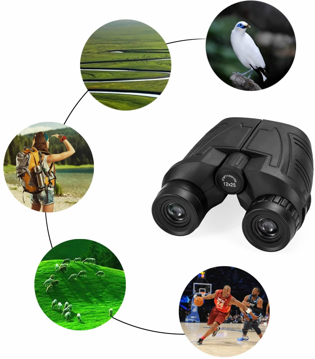 Feicosky12x25 Compact Binoculars with Clear Low Light Vision, Large Eyepiece Waterproof Binocular for Adults Kids,High Power Easy Focus Binoculars for Bird Watching,Outdoor Hunting,Travel,Sightseeing