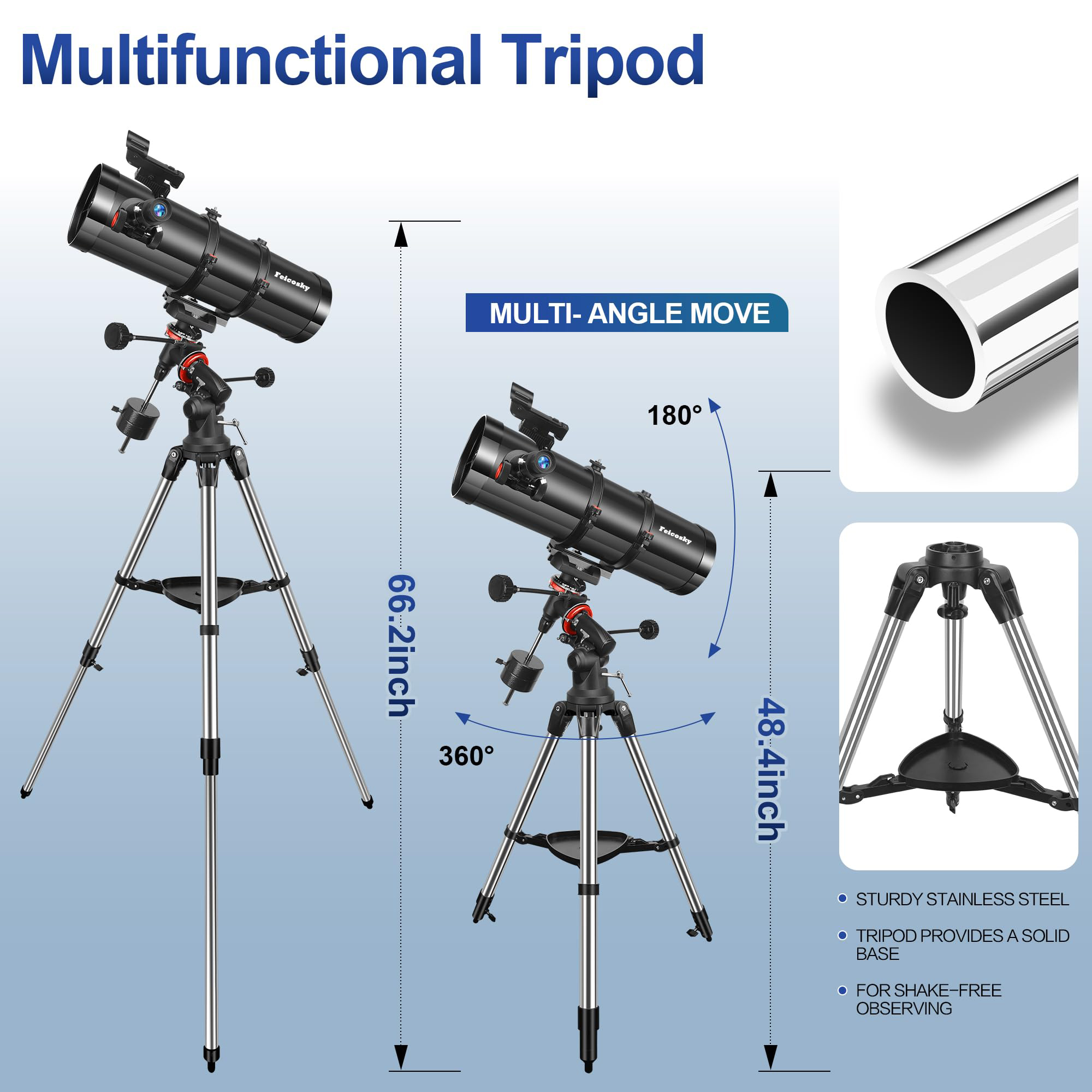 Feicosky Telescope, 150EQ Reflector Telescope for Adults Astronomy Beginners, Manual Equatorial Professional Telescopes Astronomy with 2X Barlow Lens, Phone Adapter, Adjustable Tripod and Moon Filter