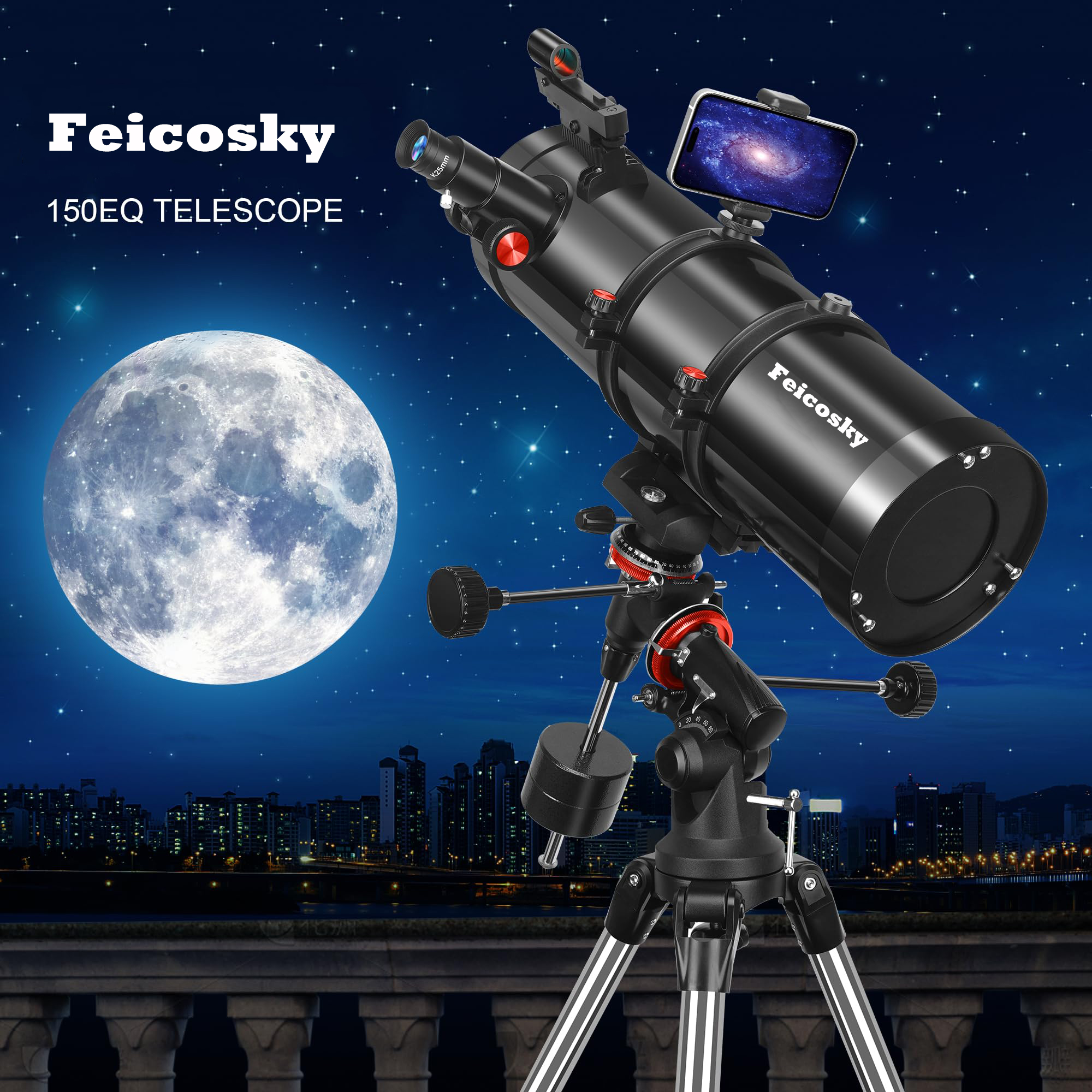 Feicosky Telescope, 150EQ Reflector Telescope for Adults Astronomy Beginners, Manual Equatorial Professional Telescopes Astronomy with 2X Barlow Lens, Phone Adapter, Adjustable Tripod and Moon Filter