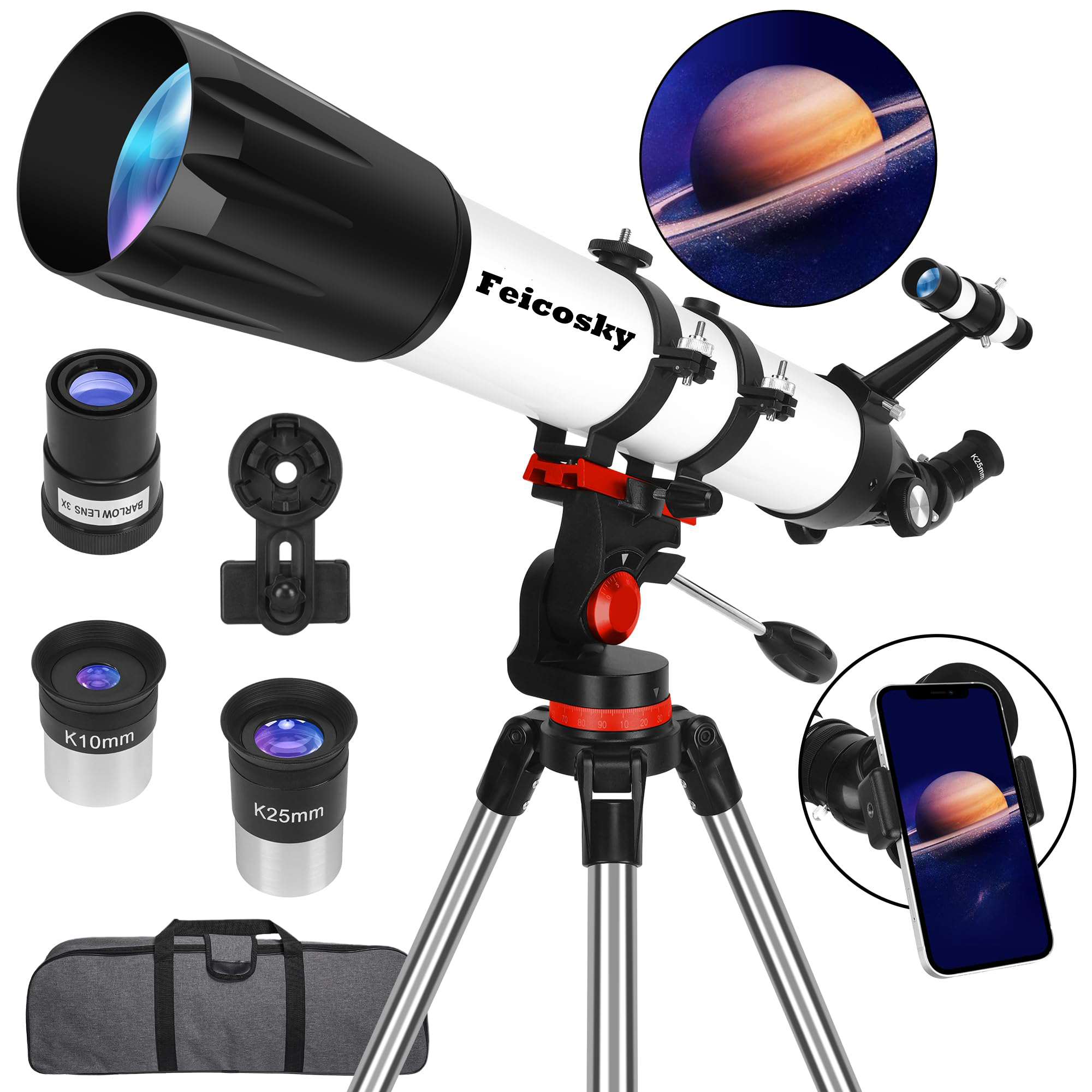 Feicosky Telescope, Astronomy Telescope for Adults High Powered, 90mm Aperture 800mm Professional Refractor Telescopes for Kids & Beginners, Multi-Coated High Transmission with Phone Adapter Carry Bag