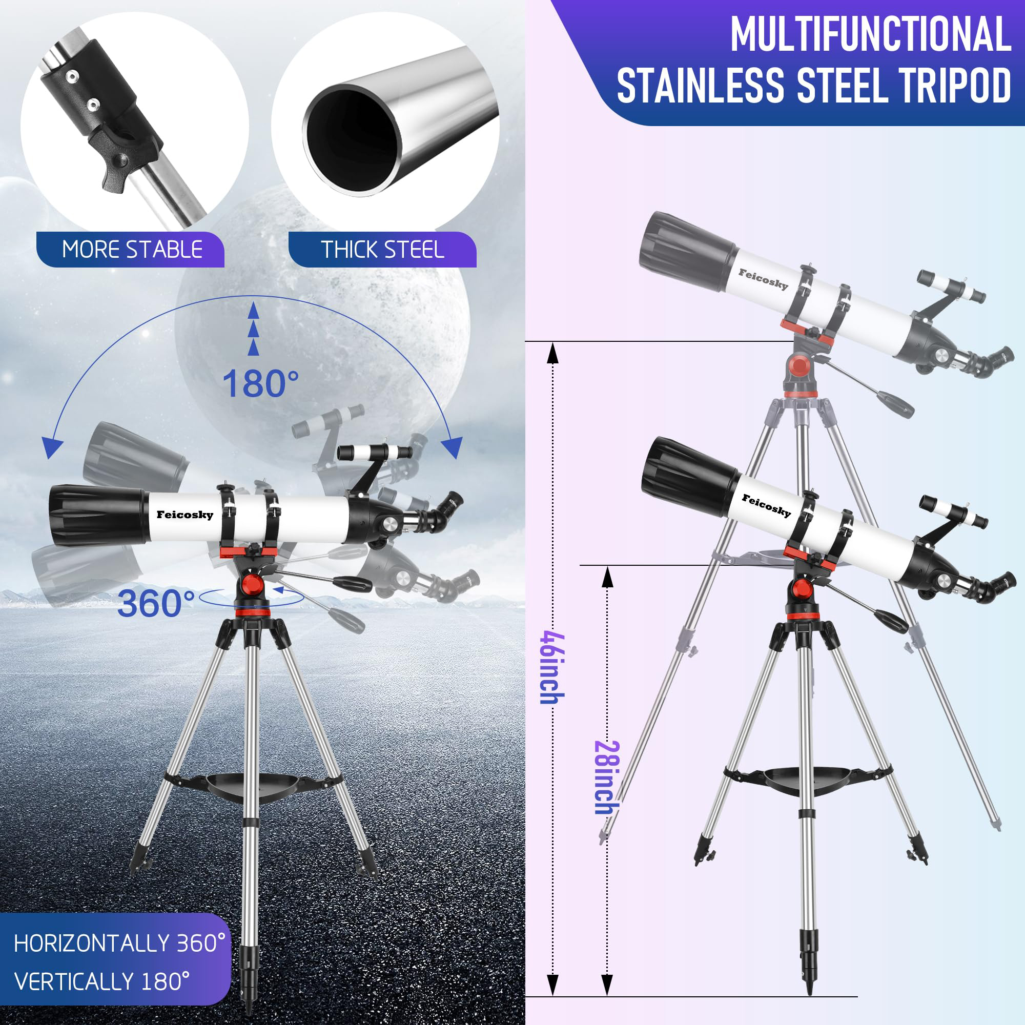 Feicosky Telescope, Astronomy Telescope for Adults High Powered, 90mm Aperture 800mm Professional Refractor Telescopes for Kids & Beginners, Multi-Coated High Transmission with Phone Adapter Carry Bag