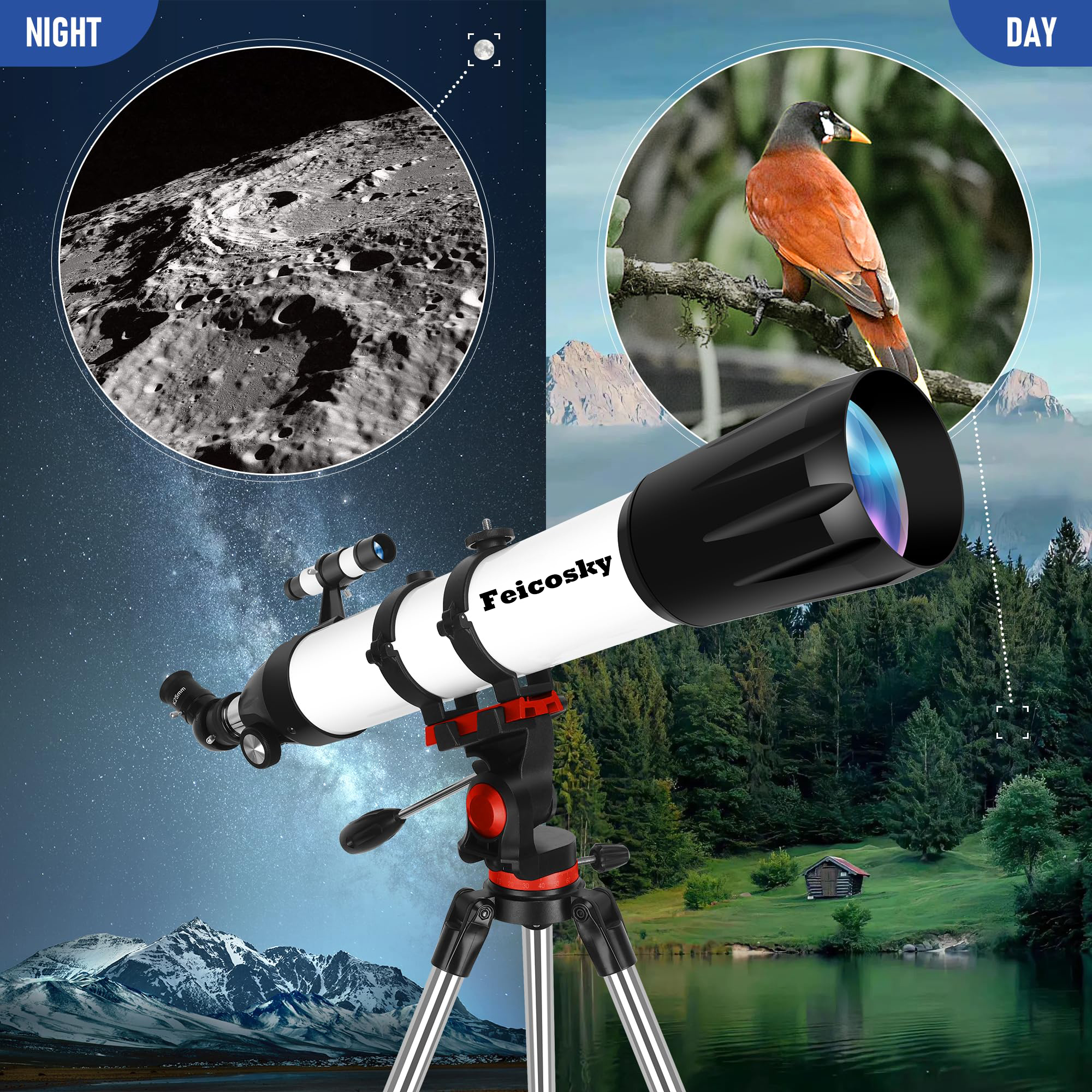 Feicosky Telescope, Astronomy Telescope for Adults High Powered, 90mm Aperture 800mm Professional Refractor Telescopes for Kids & Beginners, Multi-Coated High Transmission with Phone Adapter Carry Bag